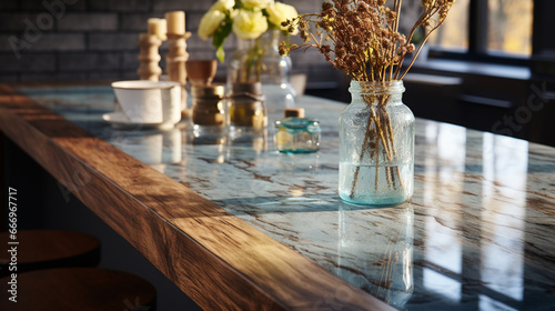 Marble counter tabletop in kitchen.