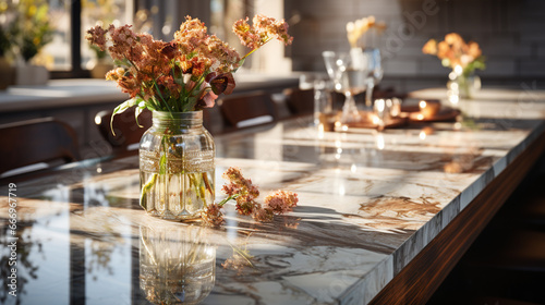Marble counter tabletop in kitchen.