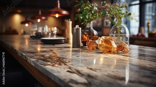Marble counter tabletop in kitchen.