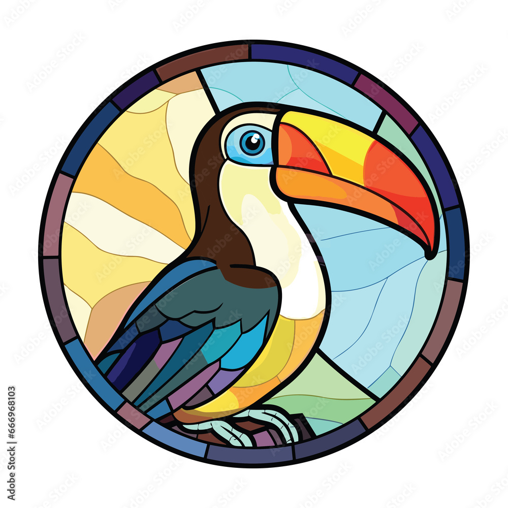 Obraz premium Toucan Colorful Watercolor Stained Glass Cartoon Kawaii Clipart Animal Pet Illustration