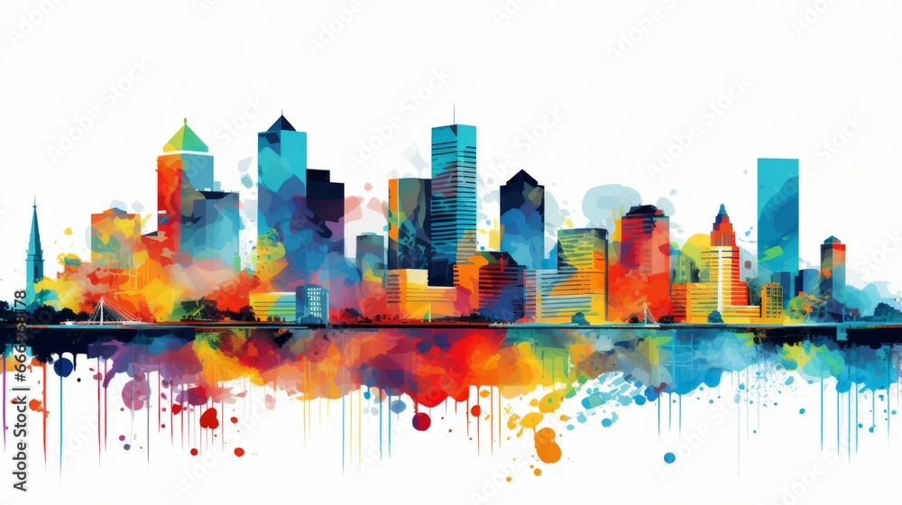 Vibrant pop art illustration of a city skyline