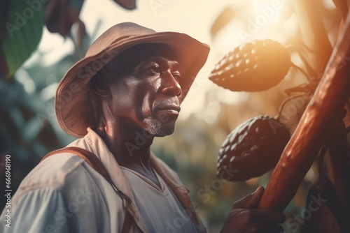 Cocoa farm harvesting season. Farmer picking fresh ripe cocoa beans. Generate ai photo