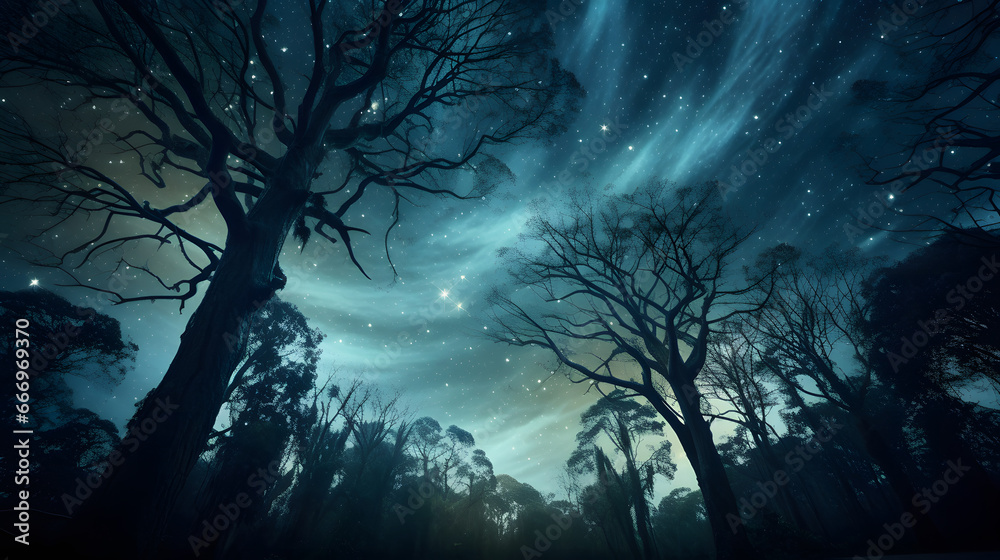 Obraz premium Spooky forest scene with silhouettes of giant trees with green mist and bright night sky showing cosmos and stars