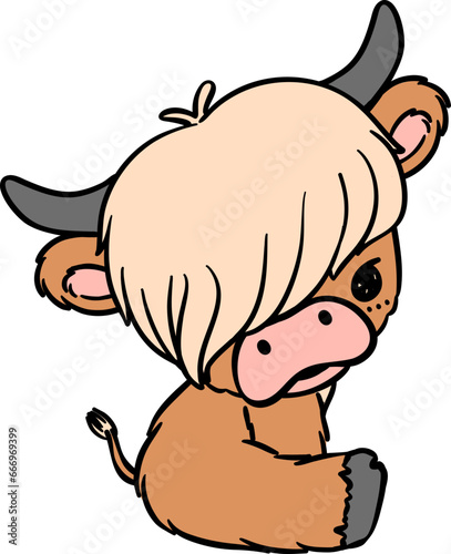 Baby highland cow sitting, animal cartoon hand drawing, mini cow