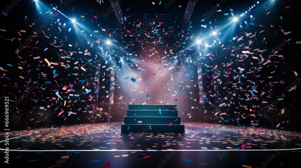 Podium with colorful confetti in the air - obrazy, fototapety, plakaty 