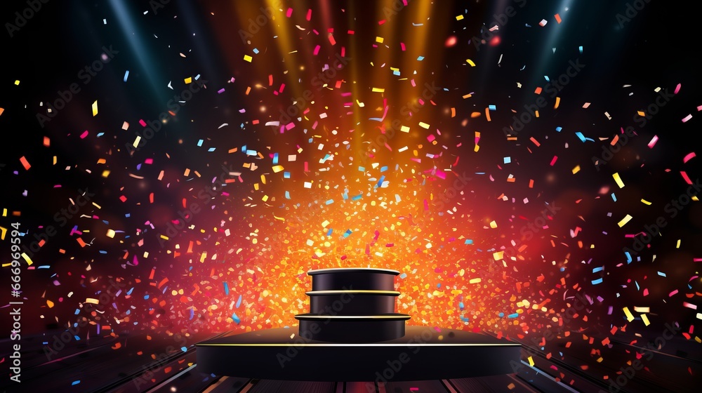 Podium with a shower of celebratory confetti Podium with a shower of celebratory confetti