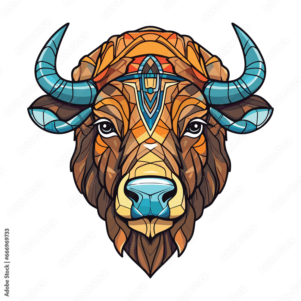 Fototapeta premium Buffalo Colorful Watercolor Stained Glass Cartoon Kawaii Clipart Animal Pet Illustration