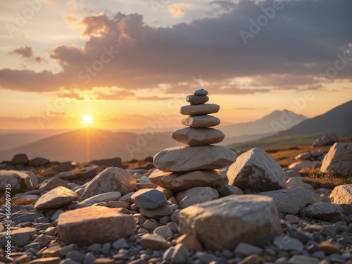 Meditation mit der Natur am Berg. Steine   bereinander bei Sonnenuntergang. Generative AI 