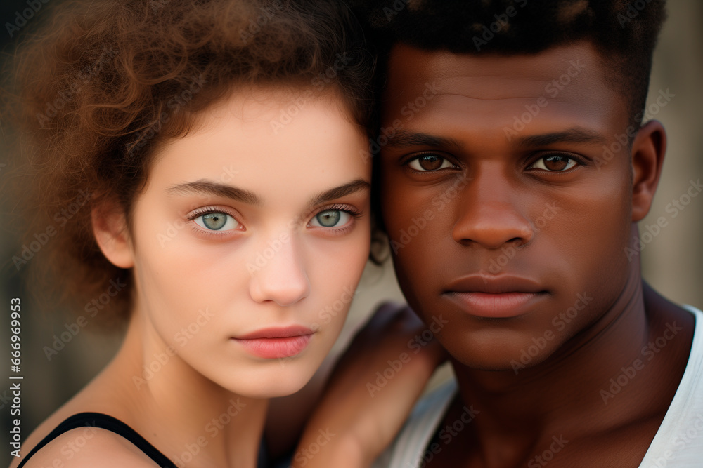 interracial couple pose for a photo. close up.