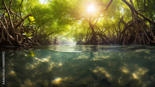 Mangrove forest  Underwater photograph of a mangrove forest with flooded trees and an underwater ecology.