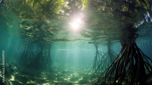 Mangrove forest, Underwater photograph of a mangrove forest with flooded trees and an underwater ecology. © tong2530