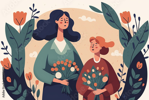 Happy Mothers Day. woman and her child. Beautiful template. Can be used for banner, poster, card, postcard and printable.