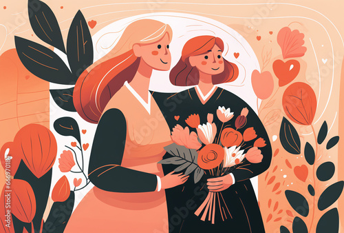 Mother day concept. Older woman with grey hair hug younger, her daugther. Family relationship.
