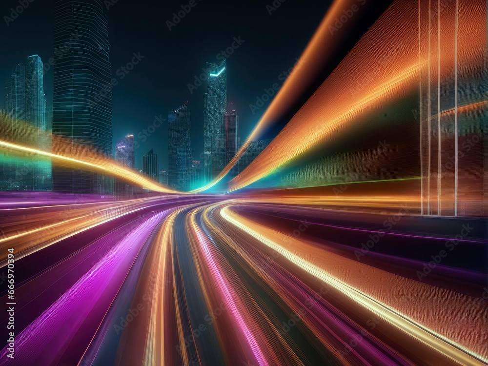 Abstract speed light flow through the city with gradient and aesthetic Intricate lighting