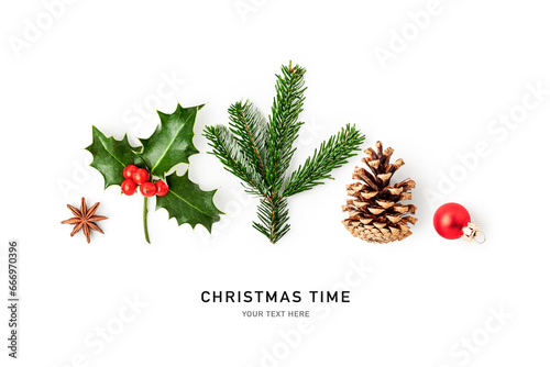 Holly, fir and cone christmas decoration border isolated on white background .