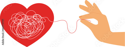Female hand pulling a string from scribbled heart. Mental assistance concept. Complexity of feelings and phycological opportunity. Personal problems solution. Feeling recovery and treatment. Vector.