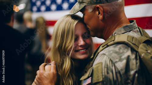 Mature soldier welcomed back by blond smiling daughter at the airport in a heartfeld emotional scene after long deployment