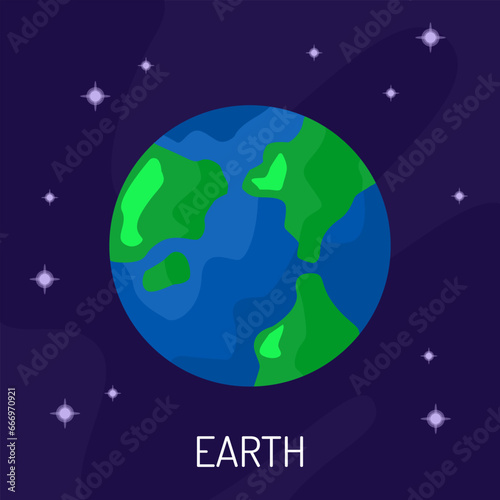 Vector illustration of the planet Earth in space. A planet on a dark background with stars.