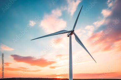 Bottom up view of a wind turbine against a beautiful blue sky with pink clouds in the sunrise or sunset. Green energy wind turbine concept.