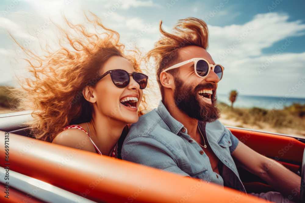 Happy young couple having fun, enjoying summer vacation together in a cabriolet. Happy free young couple on vacation with wind in their hair. - obrazy, fototapety, plakaty 