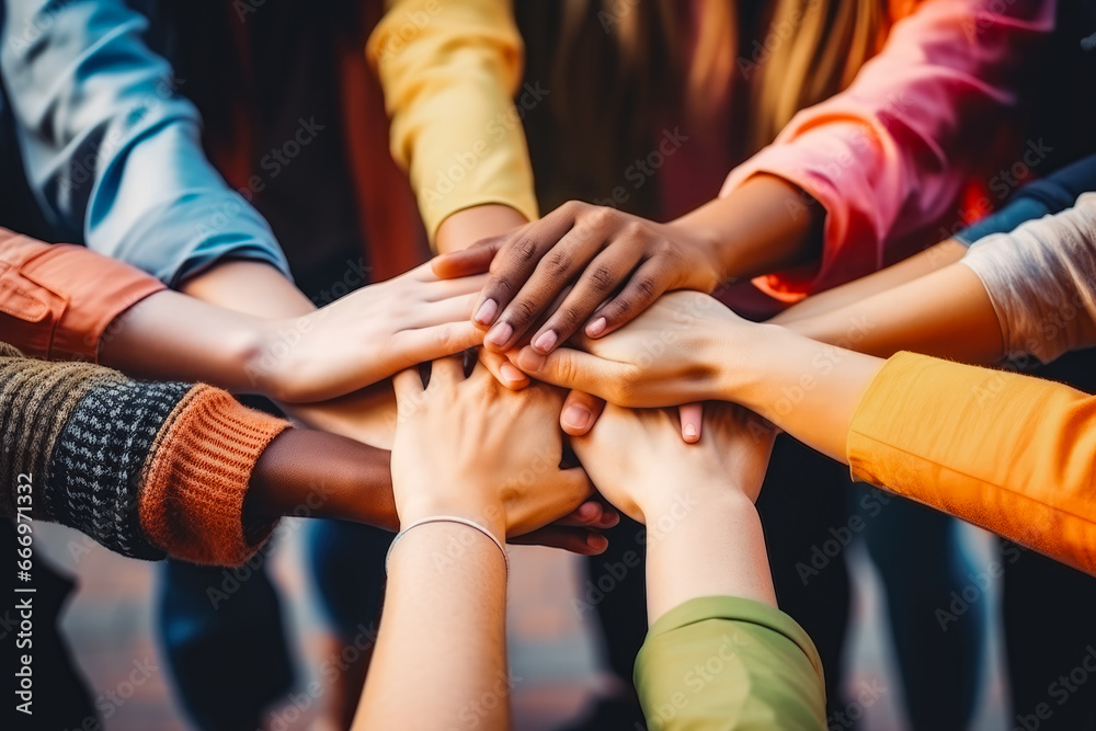 Homosexual diverse group of young people stacking hands. LGBTQ+ support and acceptance. Diverse queer people holding hands. - obrazy, fototapety, plakaty 