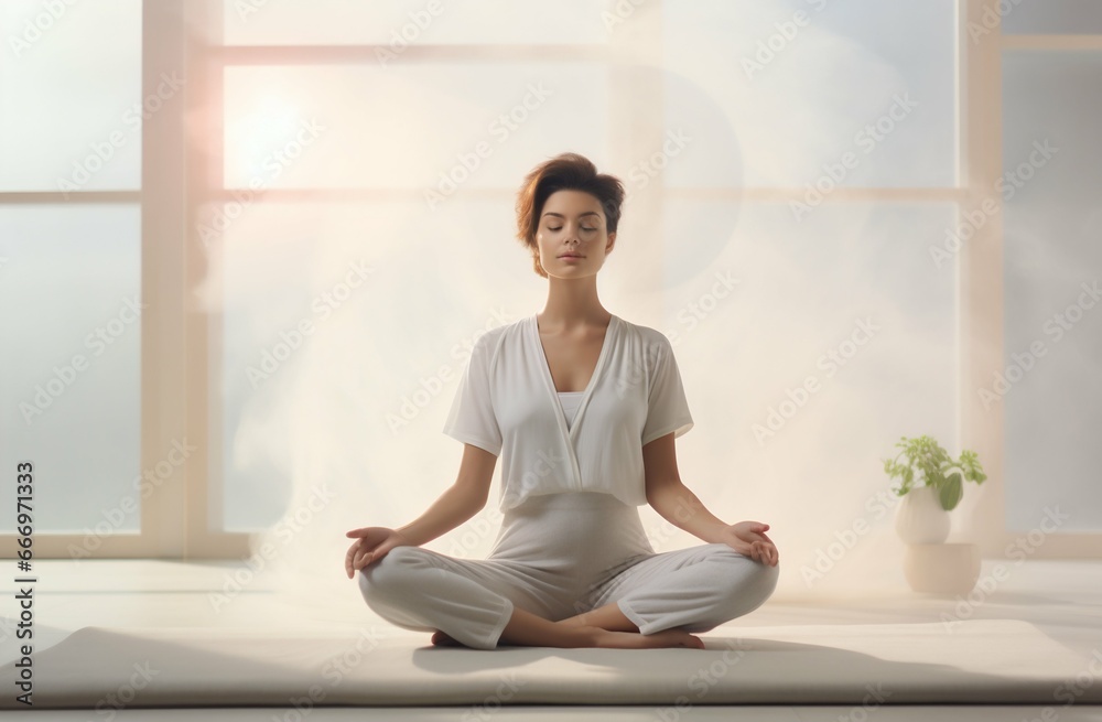 Serene Woman Embracing Yoga for Relaxation at Home. Generative ai Serene Woman Embracing Yoga for Relaxation at Home. Generative ai