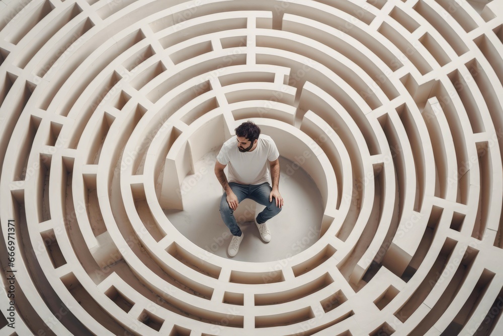 Man stuck in the middle of maze. Confused male blocked in round labyrinth. Generate ai - obrazy, fototapety, plakaty 