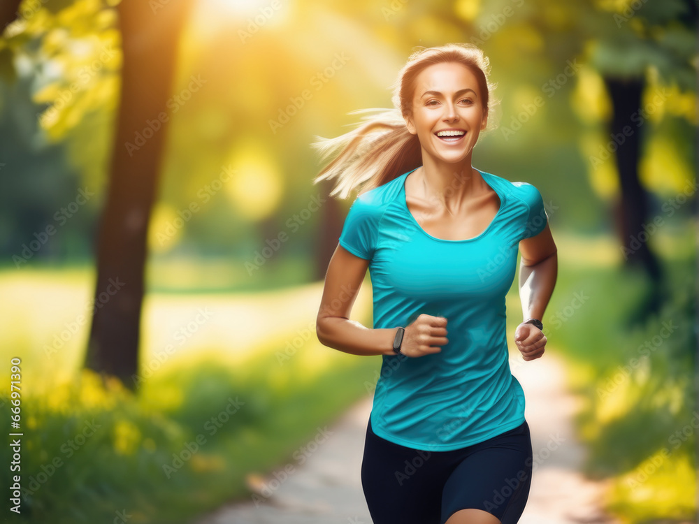 happy woman running in park smile. workout outdoor runner happy woman running in park smile. workout outdoor runner