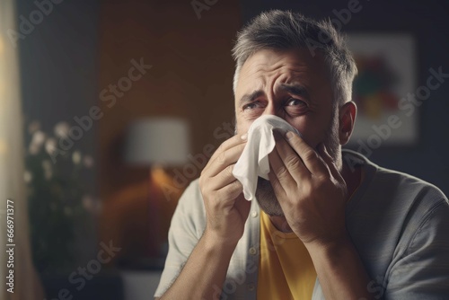 Upset man blowing his nose. Male with flue using handkerchief for sneezing runny nose. Generate ai