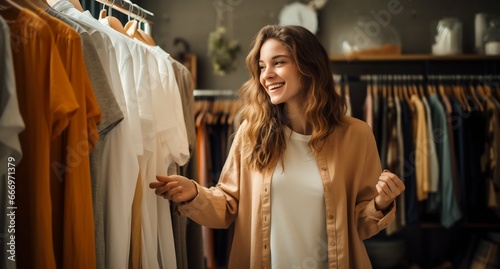 Elegant Woman Browsing in a Bright Daytime Clothing Boutique. Generative ai