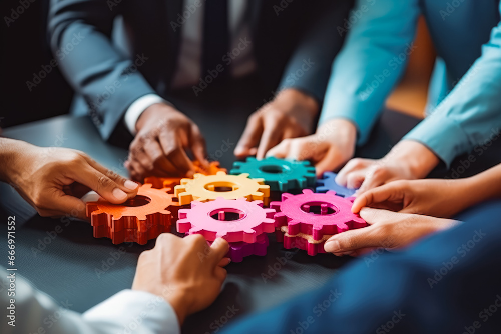 Teamwork of business people working together and combining pieces of a puzzle. Teamwork to achieve success concept. Working together