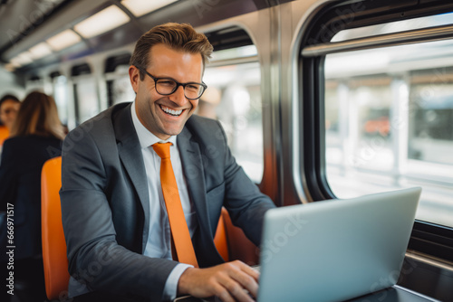 Smiling businessman working on laptop while traveling on public transport train. Confident young successful businessman traveling with train working © VisualProduction