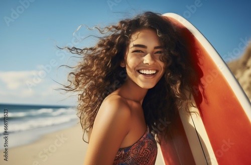 Joyful Woman with Surfboard Embracing Summer Beach Vibes. Generative ai © Scrudje