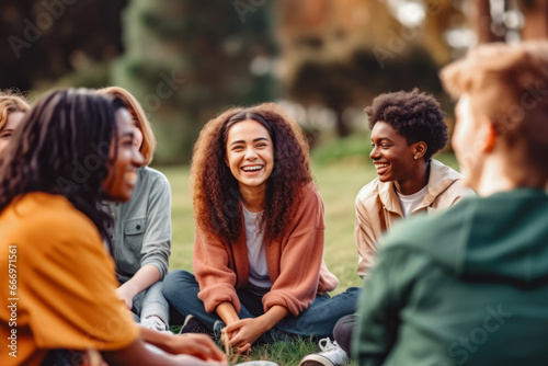 Student friendship concept with multiracial classmates laughing together while talking. Group of multi racial young people chatting and laughing.