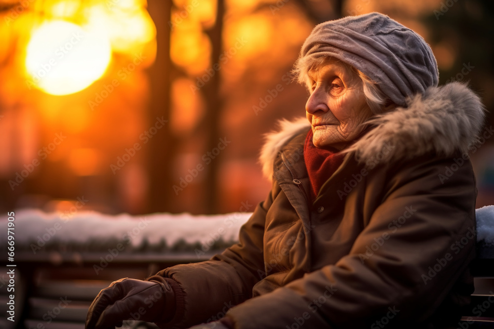 Lone Elderly Lady on Park Bench Gazing at the Sunset: Solitude and Reflection in the Serene Dusk Lone Elderly Lady on Park Bench Gazing at the Sunset: Solitude and Reflection in the Serene Dusk