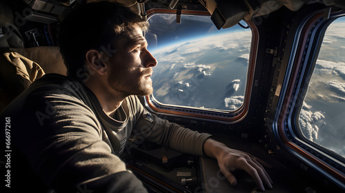 Handsome male tourist travelling in space in a futuristic manned spacecraft station outside the earth atmosphere