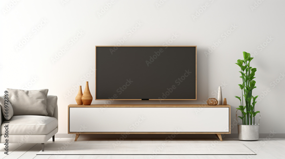 Minimal design Smart TV on white wall in living room