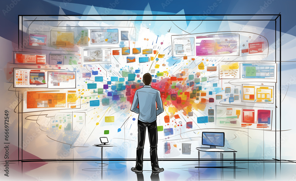 Visualize the dynamic world of software development as a developer stands before a whiteboard.