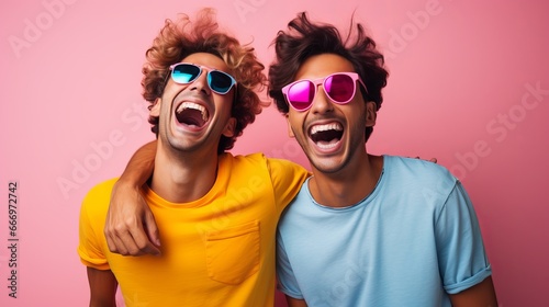 Funny best friends laughing cheerfully while standing together in a studio