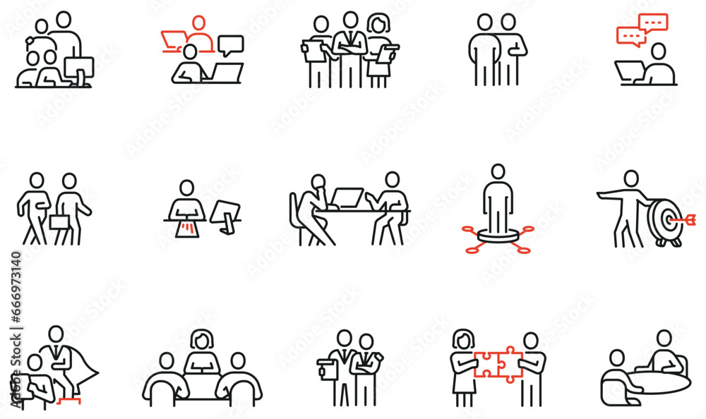 Vector set of linear icons related to human resource management, relationship, business leadership, teamwork, cooperation and personal development. Infographics design element - part 11