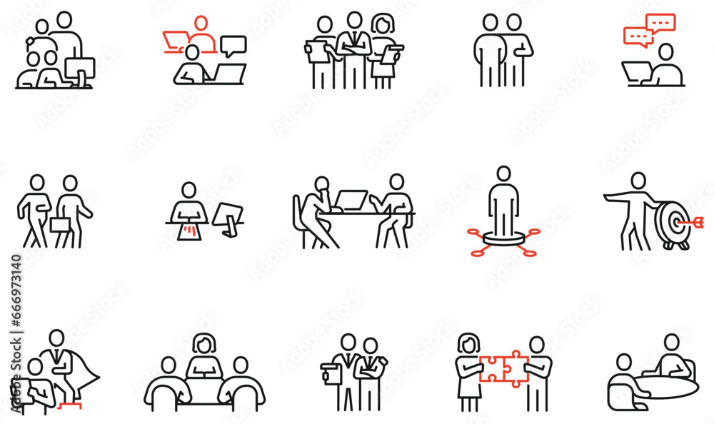 Vector set of linear icons related to human resource management, relationship, business leadership, teamwork, cooperation and personal development. Infographics design element - part 11 Vector set of linear icons related to human resource management, relationship, business leadership, teamwork, cooperation and personal development. Infographics design element - part 11