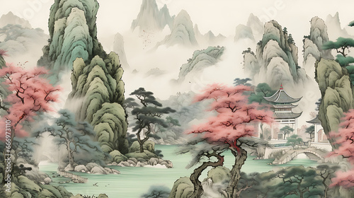Fototapeta Naklejka Na Ścianę i Meble -  Japanese Painting vintage drawing of a jungle with beautiful colors,. generative ai