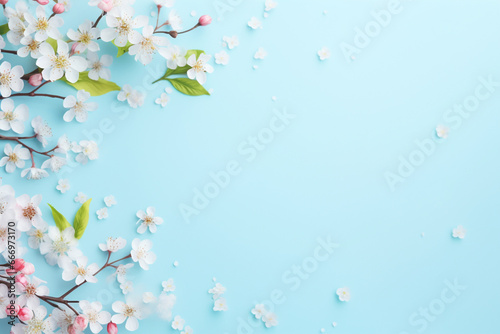 Easter eggs  colorful flowers on pastel blue background  Spring  easter concept  Flat lay  top view  copy space  aesthetic look