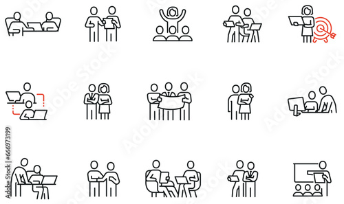 Vector set of linear icons related to human resource management, relationship, business leadership, teamwork, cooperation and personal development. Infographics design elements - part 10