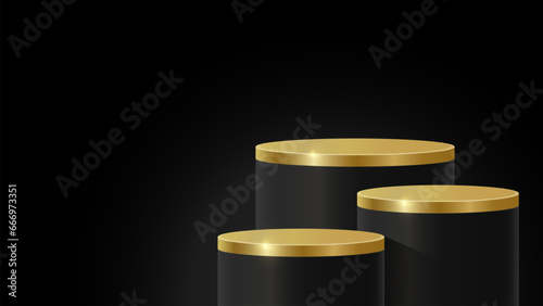 Black friday, golden 3D cube and cylinder pedestal podium in dark abstract room. Minimal scene for black friday sale, Mockup products, Stage showcase, promotion display. Vector eps10 