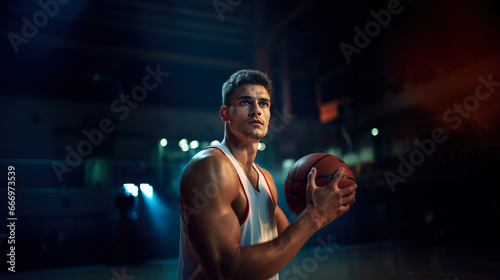 Portrait of serious basketball player holding ball while standing in sports hall