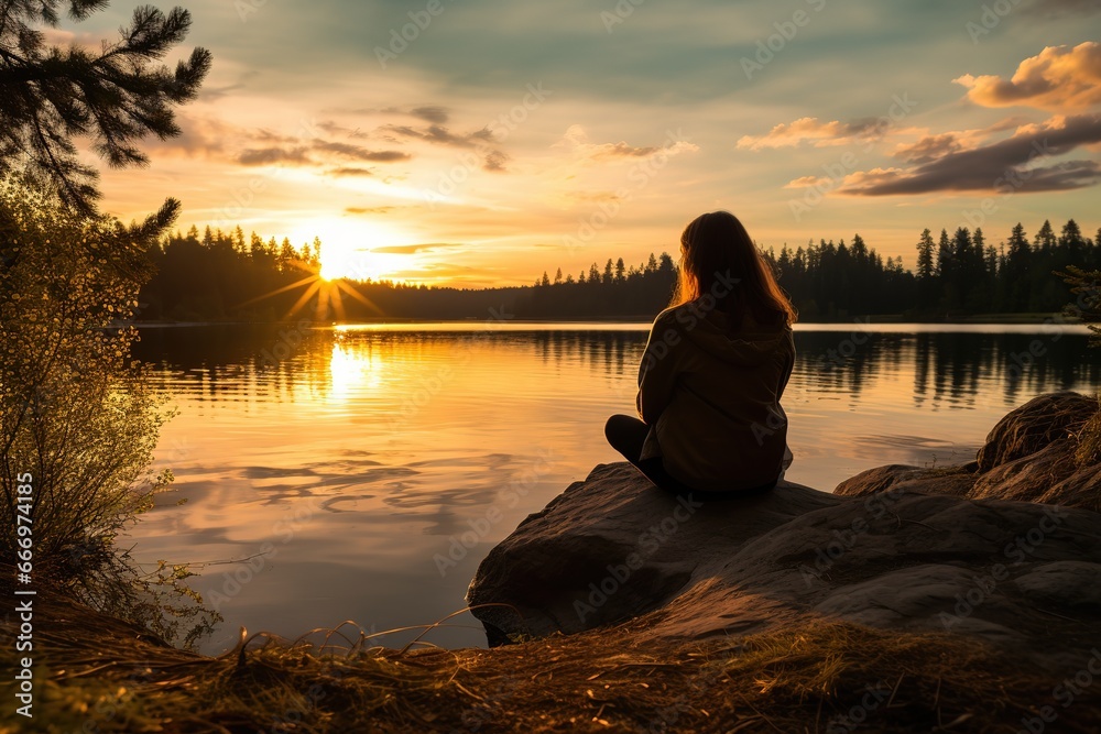 A girl at sunset is sitting on the shore