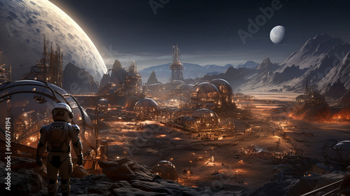 Slika na platnu A colony of humans on Mars, living in advanced habitats and working in a high-tech environment