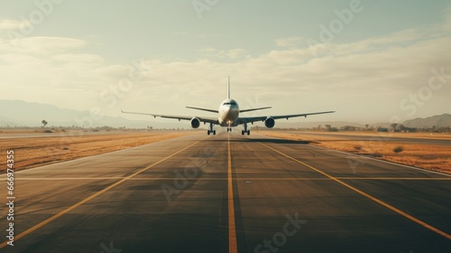 An elevated perspective capturing a single-aisle airplane taking off from a runway at the airport