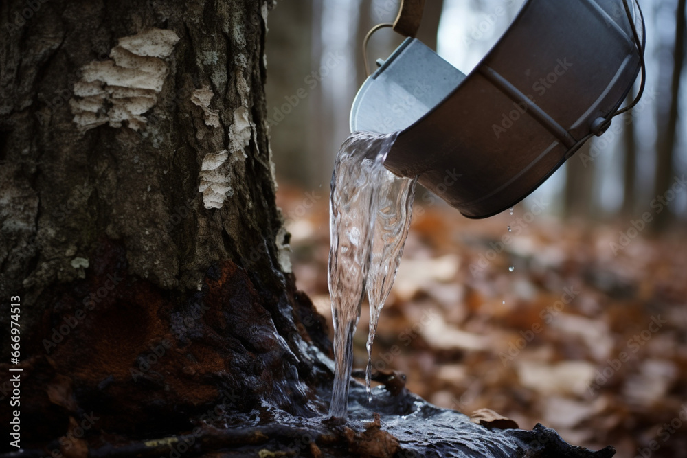 Droplet of sap flowing from maple tree into a pail at sugar shack, aesthetic look Stock